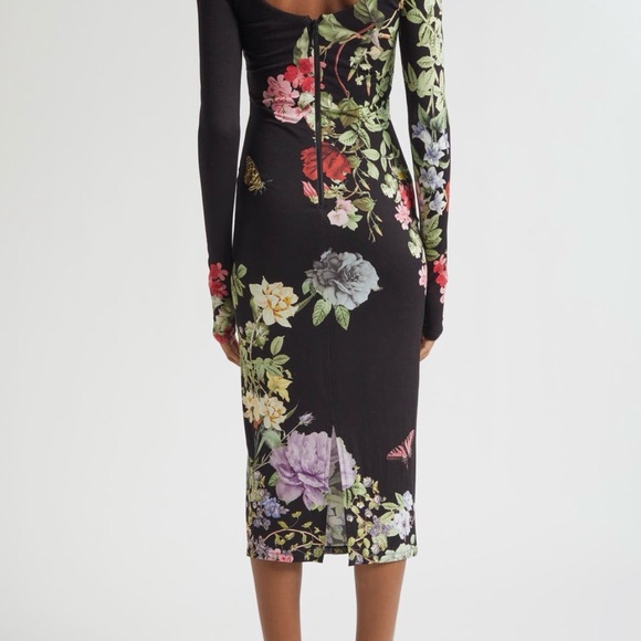 Alice + Olivia Delora scoop neck long sleeve floral  midi dress thumb holes 10 - Picture 10 of 13